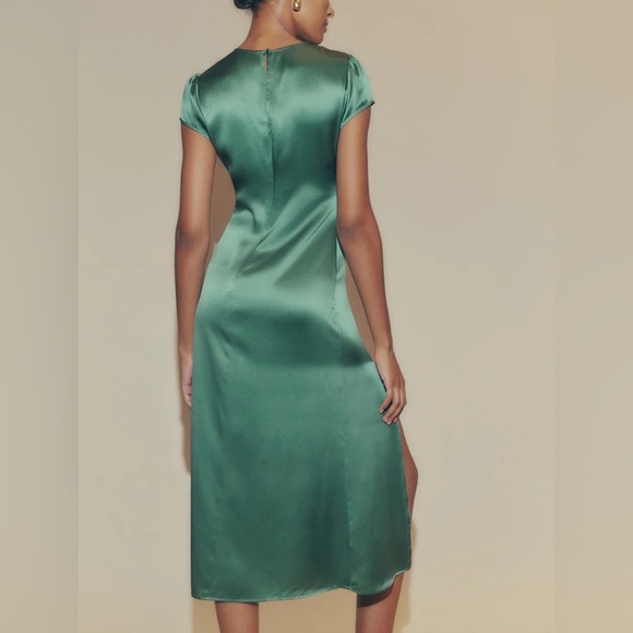 Reformation Tatianna Silk Button Slit Midi Short Sleeve Dress Bottle Green - Picture 5 of 10